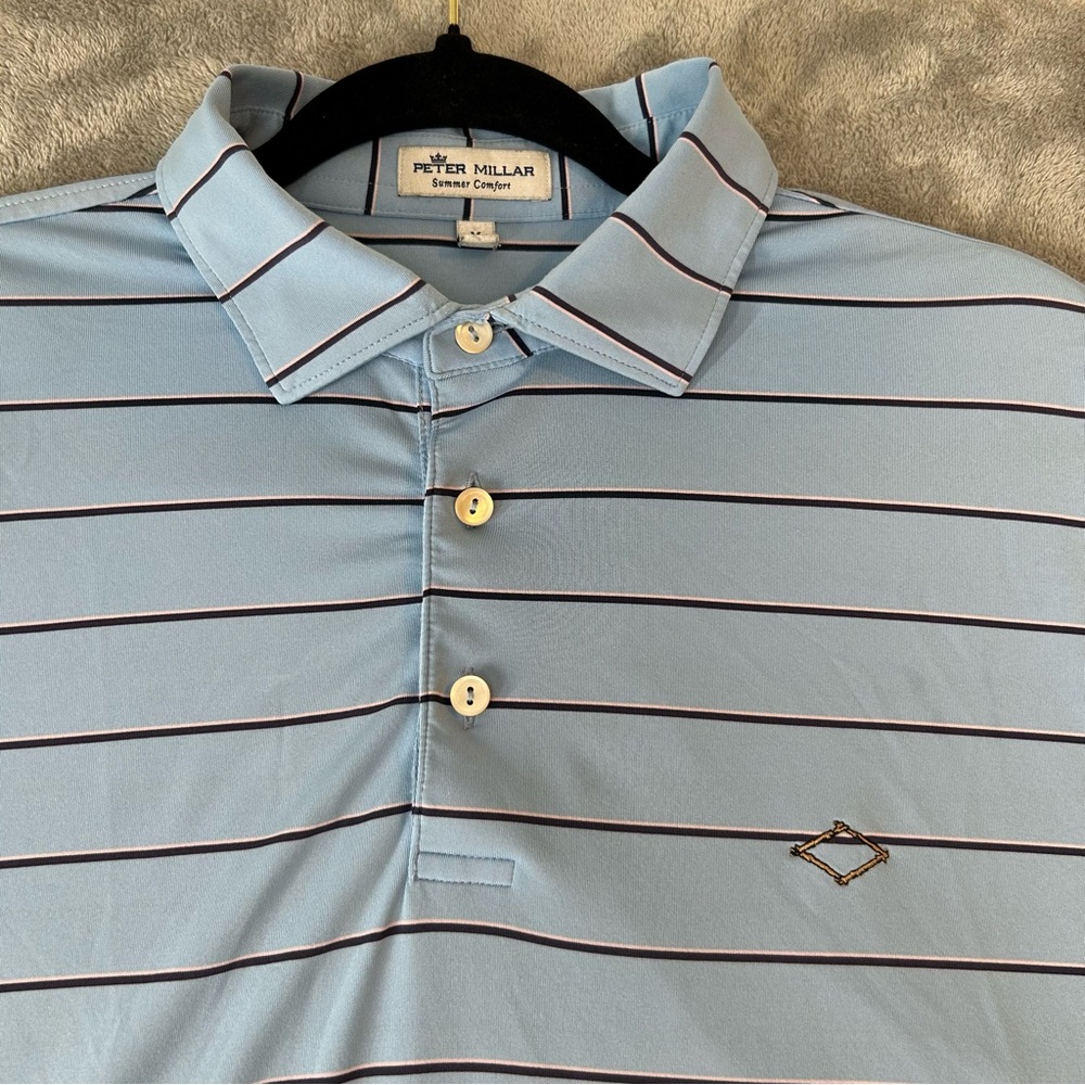 Peter Millar Summer Comfort Golf Shirt In Blue With Black & White Stripes Size M